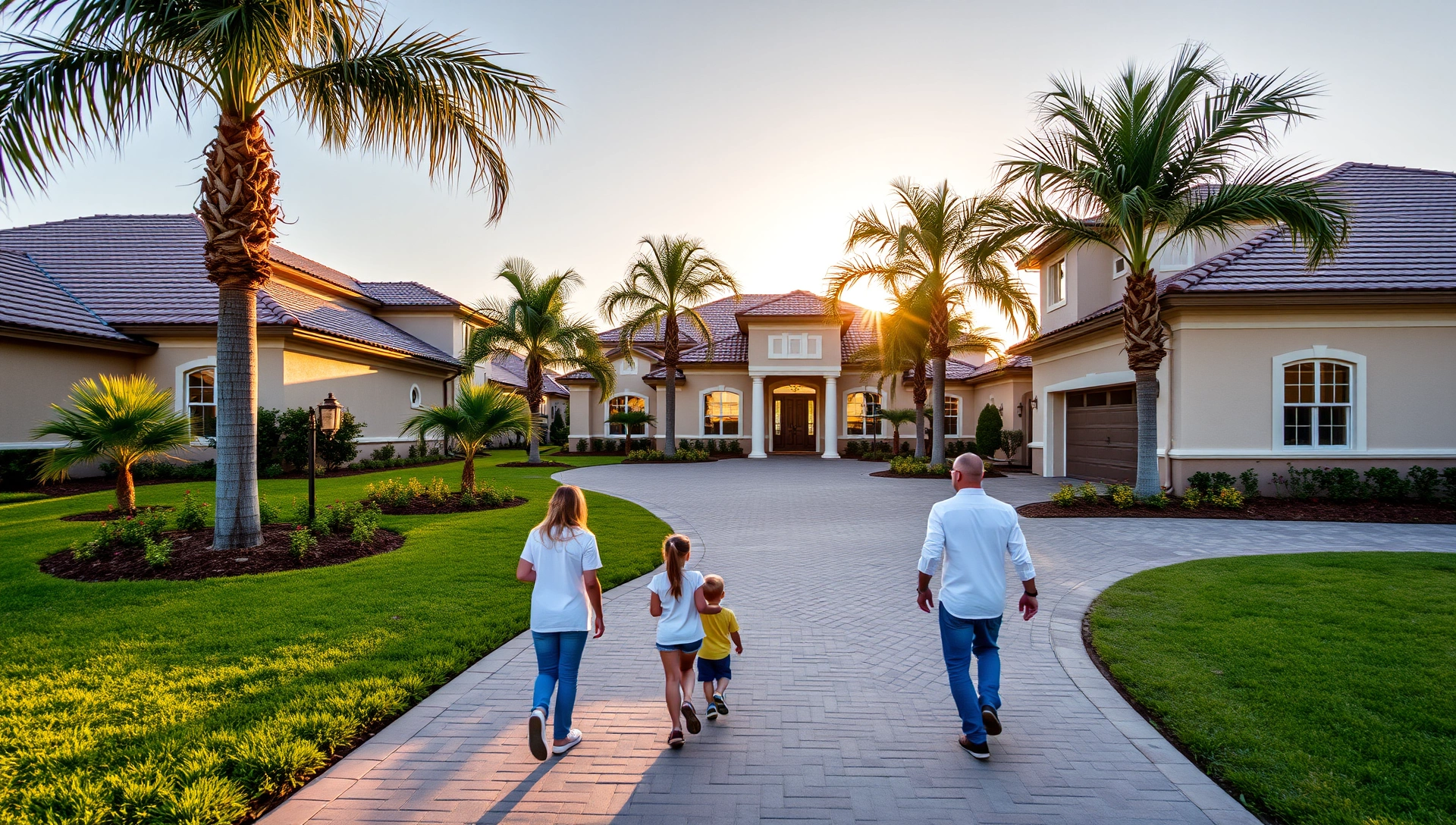 Beautiful Mediterranean-style homes at Maple Ridge community during golden hour